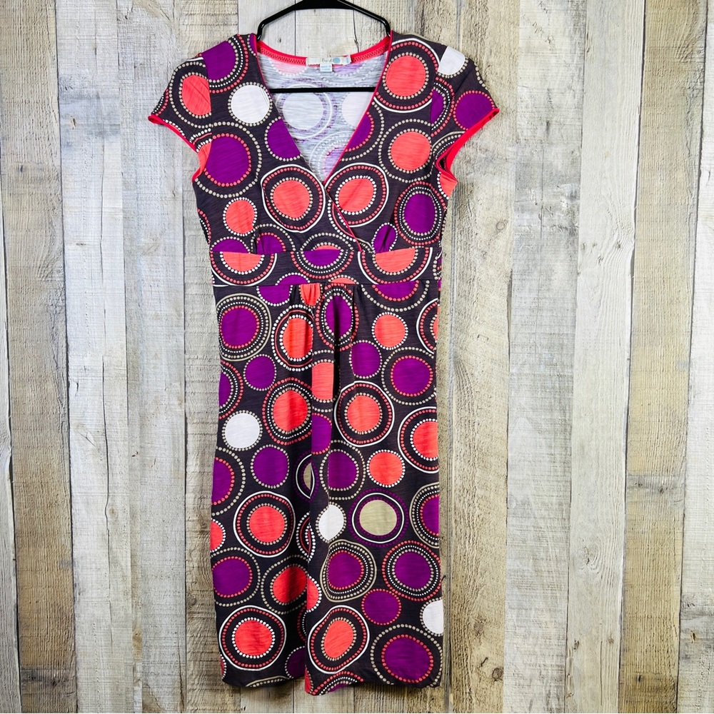 Boden Size 2 R Surplice Peplum Brown Multicolored Circle Pattern Midi Dress